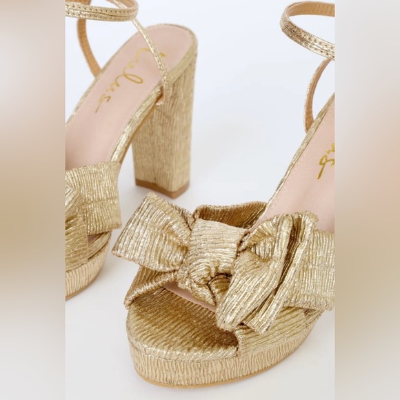 Lulus Gold Metallic Bow Platform Ankle Strap Heels Size 6.5 - Picture 3 of 10